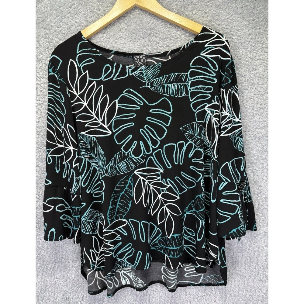 Clara Sun Woo Womens 1X Leaf Print Top 3/4 Tie Sleeve Blouse Office Career